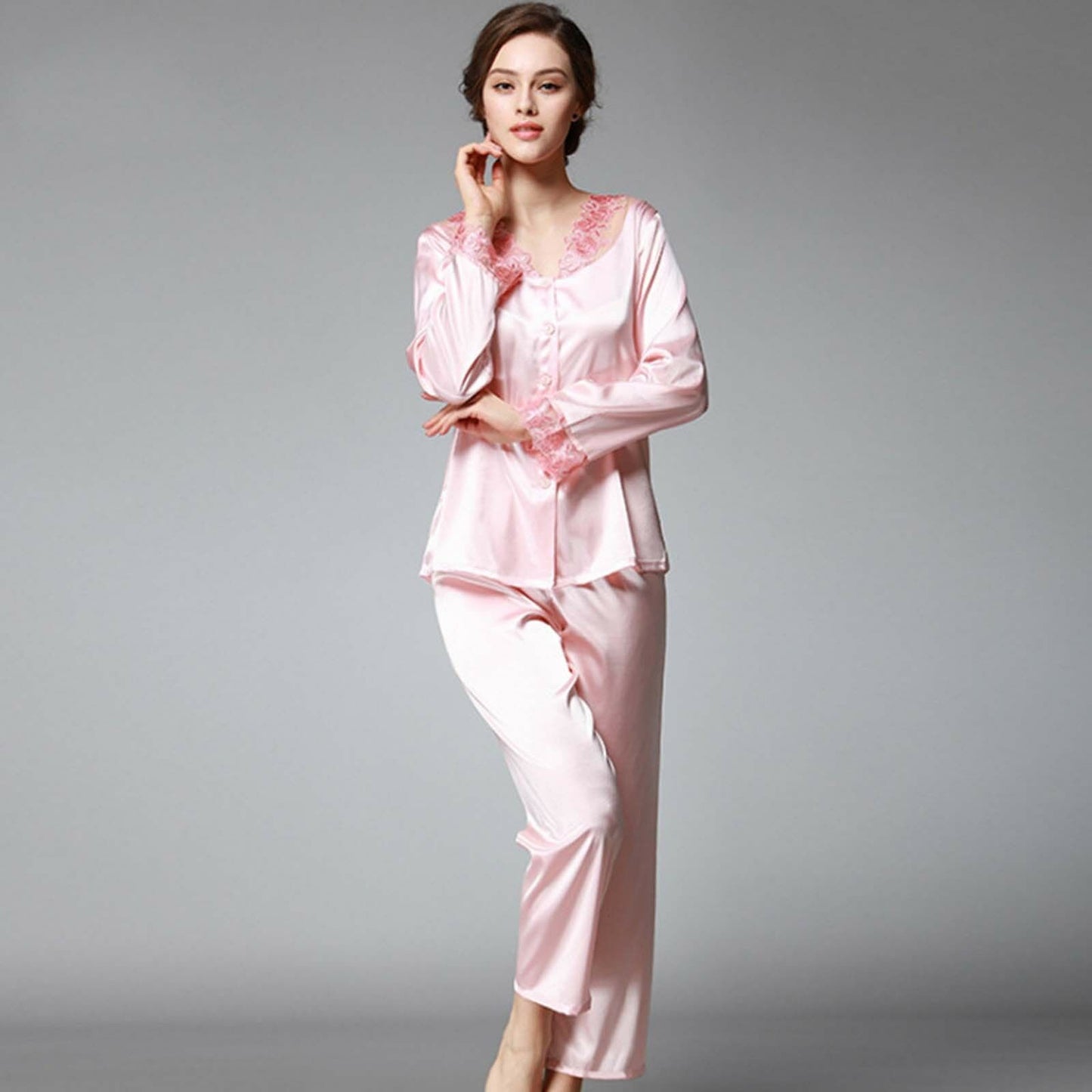 Womens Lace Silk Feel Nightie Long Sleeve Sleepwear Top Pants Pajama Set Spring - Pantsnsox