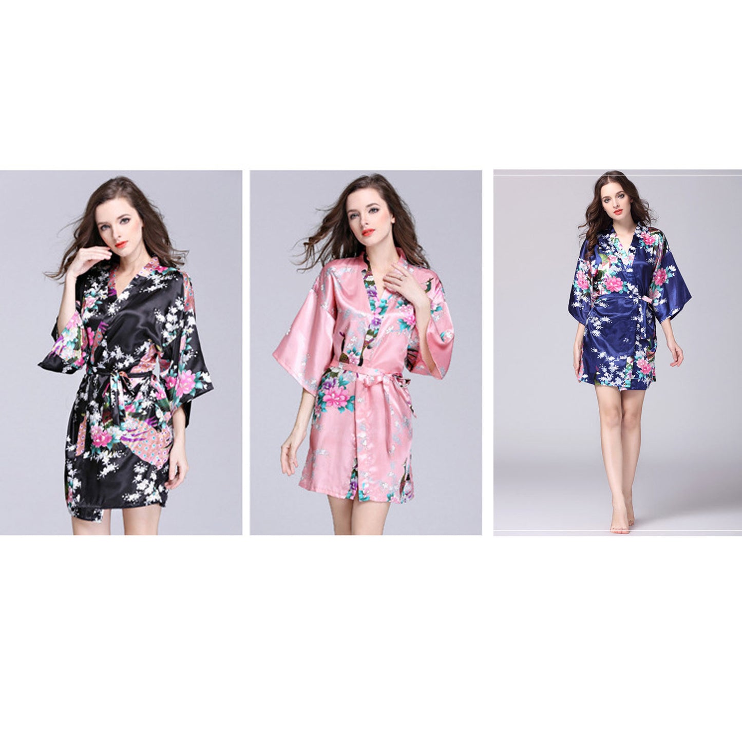 Women Silk Feel Coat Nightie Sleepwear Lingerie Nightdress Sleeve Floral 2 Set - Pantsnsox