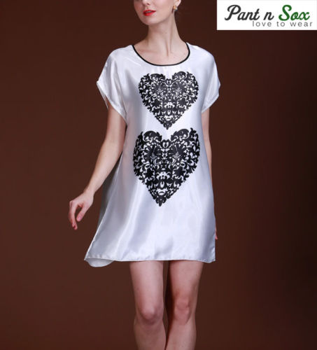New Arrival Silk Like Acrylic Pink Heart Sleepwear Black White Ladies Nightie - Pantsnsox