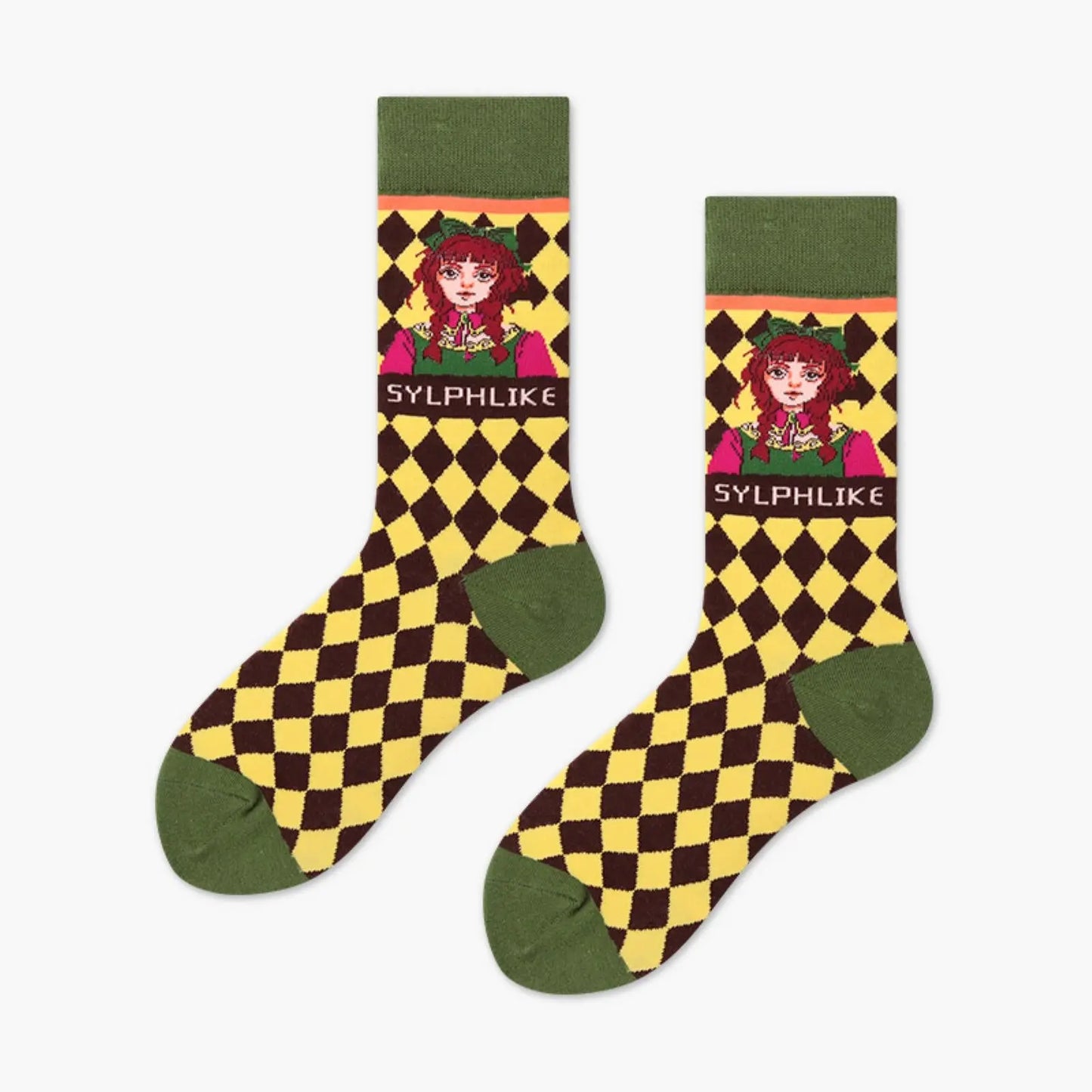Women Portrait Crew Colorful Diamond Check Casual Cotton Socks - Pantsnsox