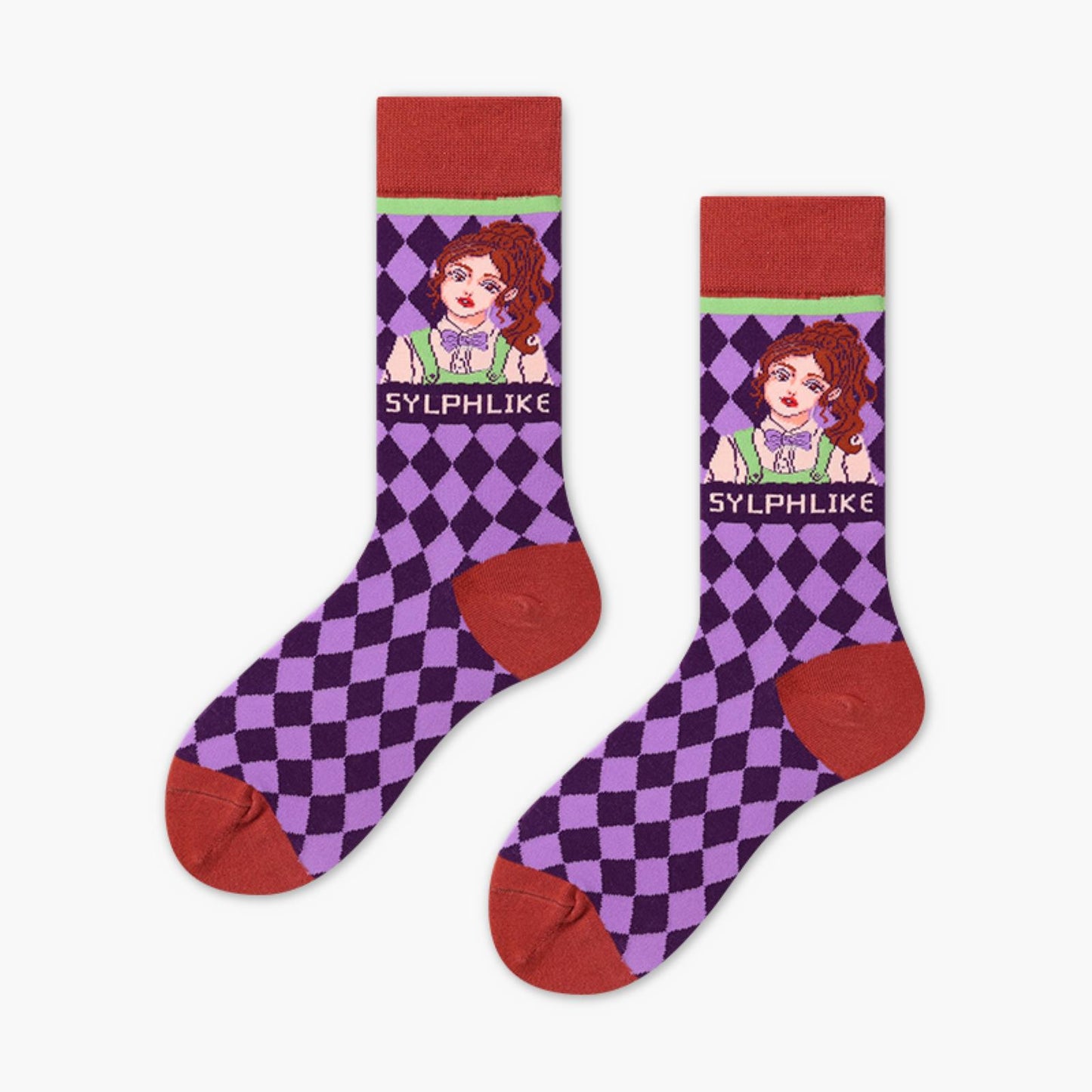 Women Portrait Crew Colorful Diamond Check Casual Cotton Socks - Pantsnsox