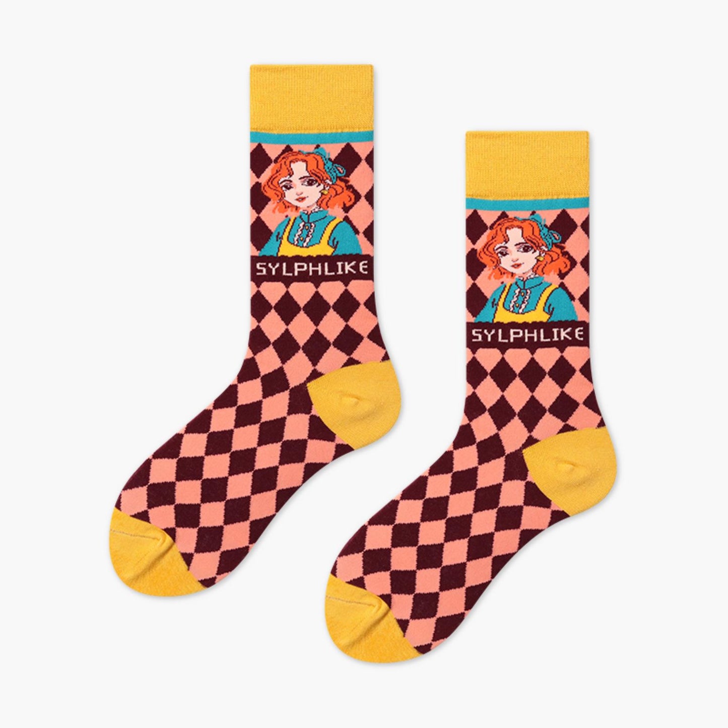 Women Portrait Crew Colorful Diamond Check Casual Cotton Socks - Pantsnsox