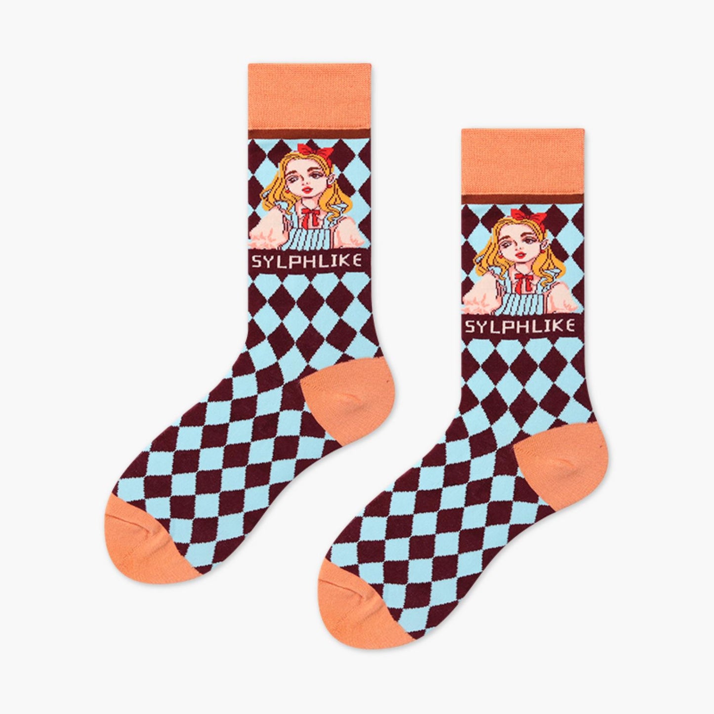 Women Portrait Crew Colorful Diamond Check Casual Cotton Socks - Pantsnsox