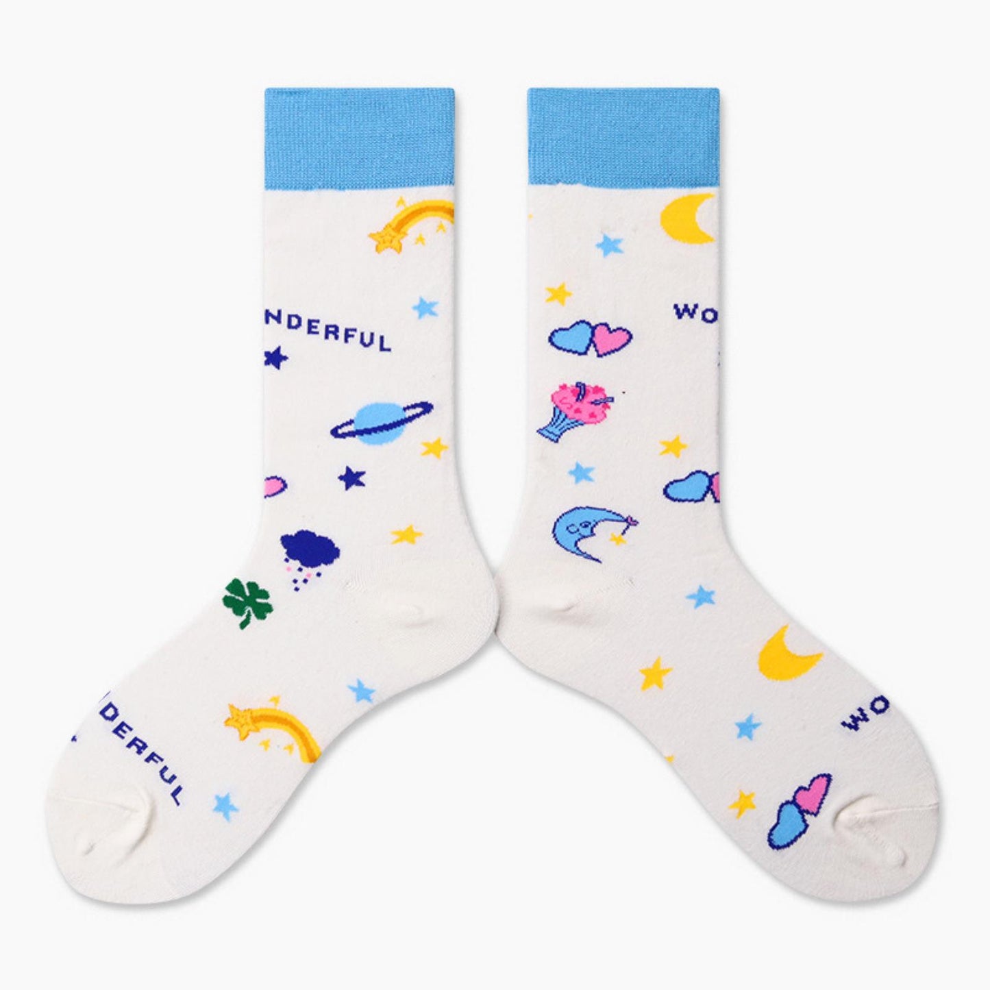 Ladies Heart Moon Star Good Night White Premium Cotton Socks Blue - Pantsnsox