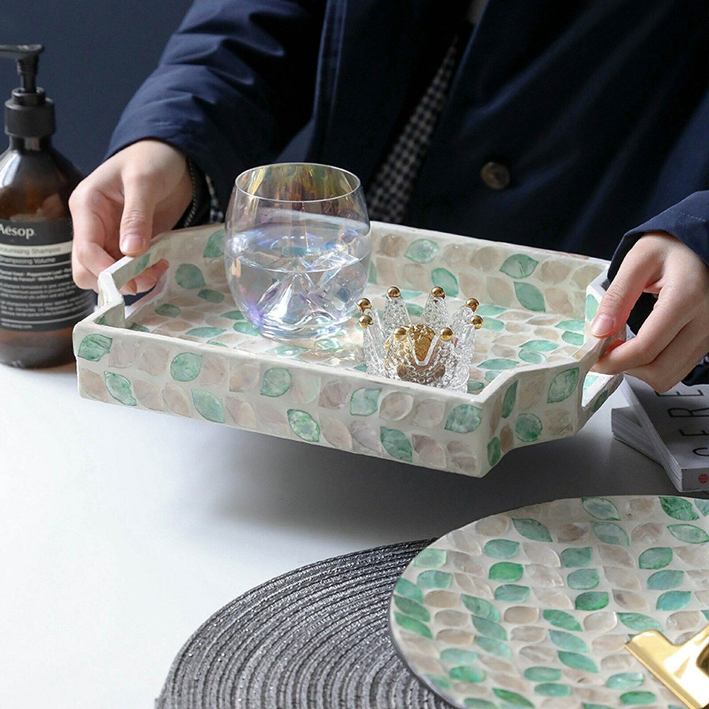 Natural Mother Of Pearl Home Decor Hand Mand Green Jewelery Display Tray