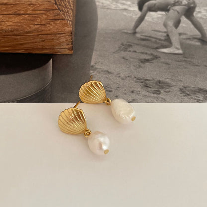 Elegant Shell Natural Pearl Drop Gold Plated Sterling Silver Earrings