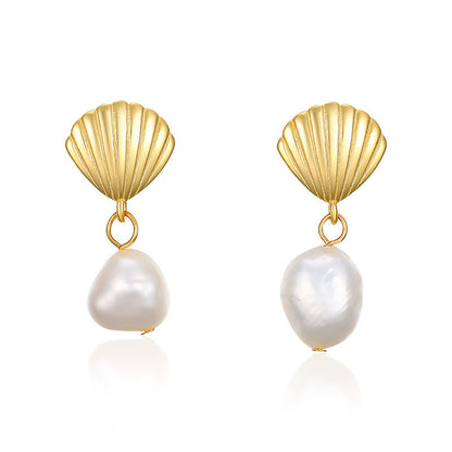 Elegant Shell Natural Pearl Drop Gold Plated Sterling Silver Earrings