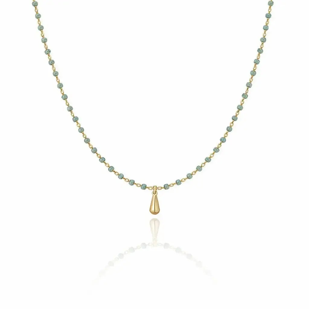 18ct Gold Plated Bar Necklace with Teardrop Glass Bead Pendant, Titanium Steel Chain marketplace image