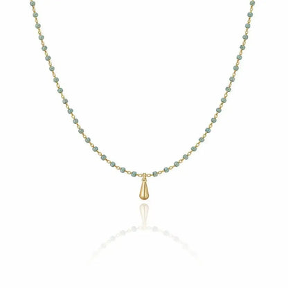 18ct Gold Plated Bar Necklace with Teardrop Glass Bead Pendant, Titanium Steel Chain marketplace image