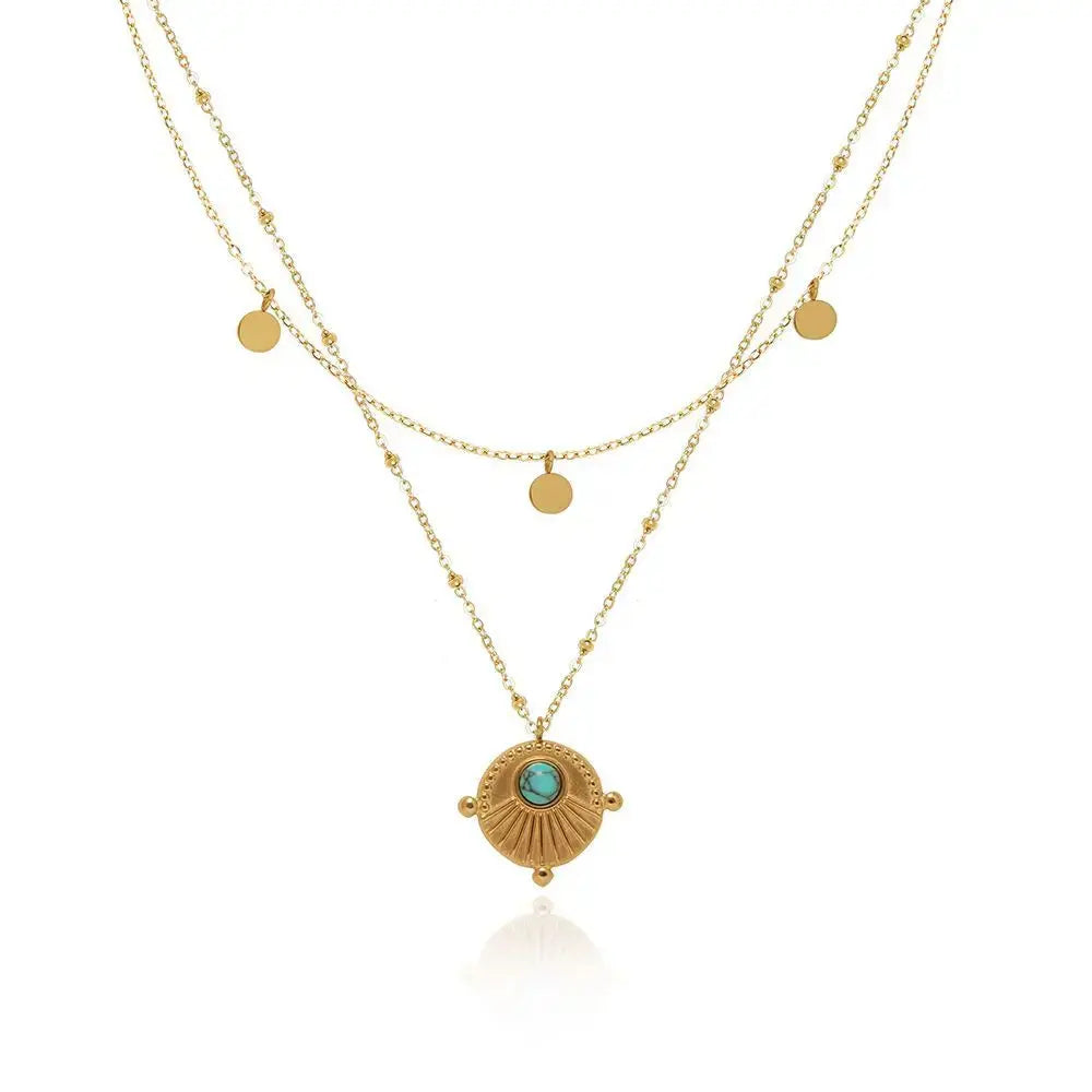 Bohemian Double Layer Necklace in 18K Gold Plated Titanium Steel with Artificial Turquoise Pendant Crushes.