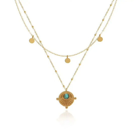 Bohemian Double Layer Necklace in 18K Gold Plated Titanium Steel with Artificial Turquoise Pendant Crushes.