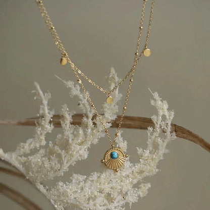 Bohemian Double Layer Necklace in 18K Gold Plated Titanium Steel with Artificial Turquoise Pendant Crushes.