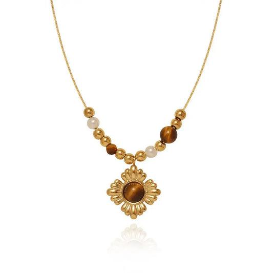 Caramel Tone Vintage Floral Tiger’s Eye Beaded Necklace in Gold-Plated Titanium Steel Crushes.
