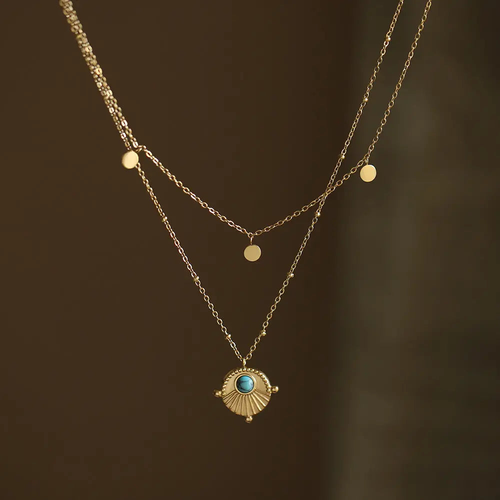 Bohemian Double Layer Necklace in 18K Gold Plated Titanium Steel with Artificial Turquoise Pendant Crushes.