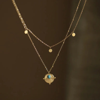 Bohemian Double Layer Necklace in 18K Gold Plated Titanium Steel with Artificial Turquoise Pendant Crushes.