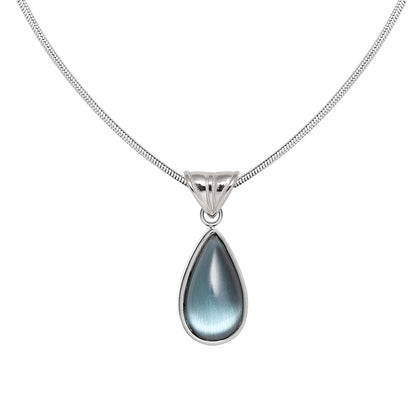Gold-Plated Teardrop Pendant Necklace with Blue Synthetic Cat Eye Stone