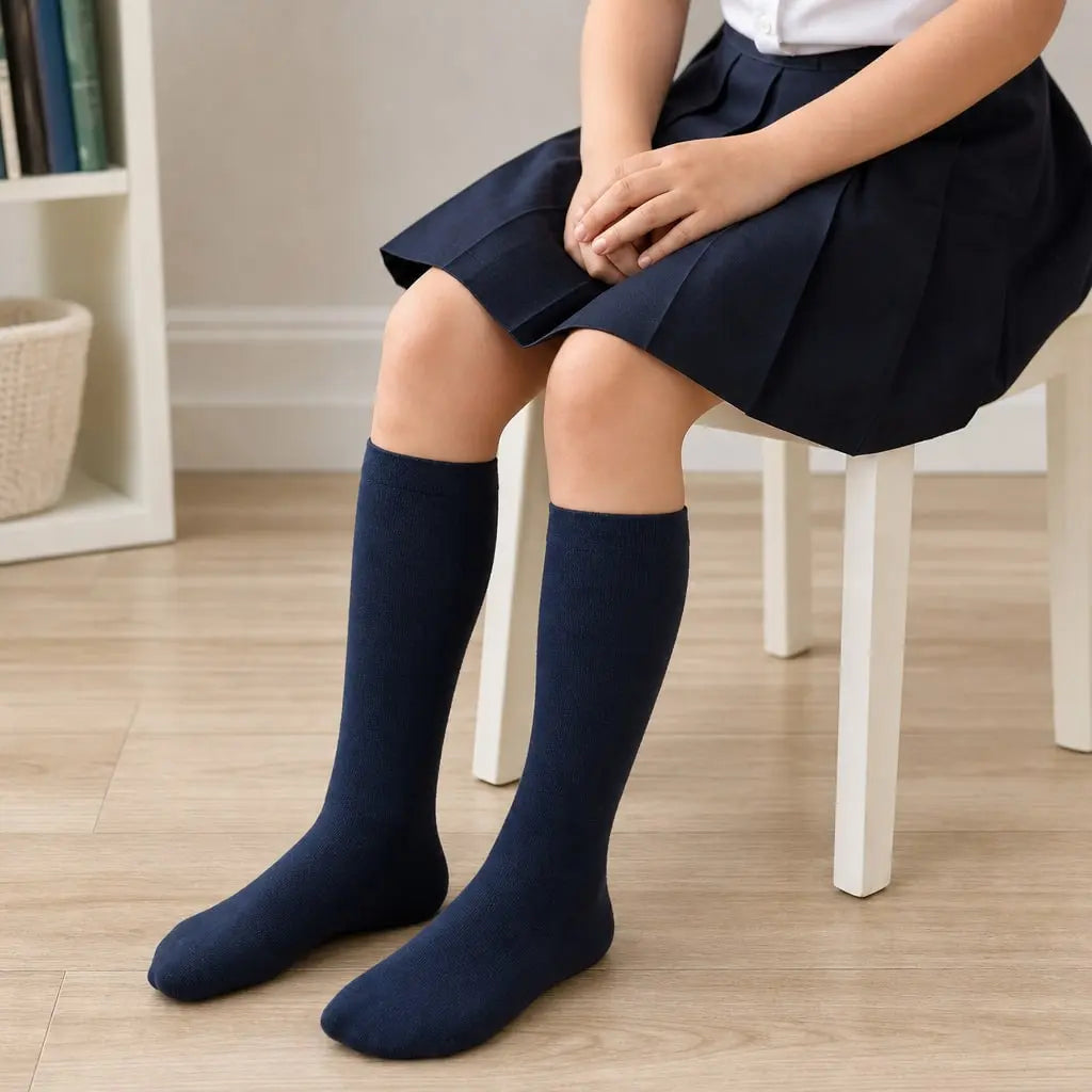 6 Pairs Girls School Knee High Cotton Socks Plain Socks 5-8 9-12 13-3 model image