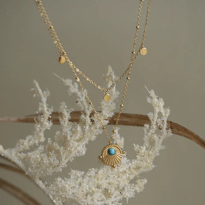Bohemian Double Layer Necklace in 18K Gold Plated Titanium Steel with Artificial Turquoise Pendant Crushes.