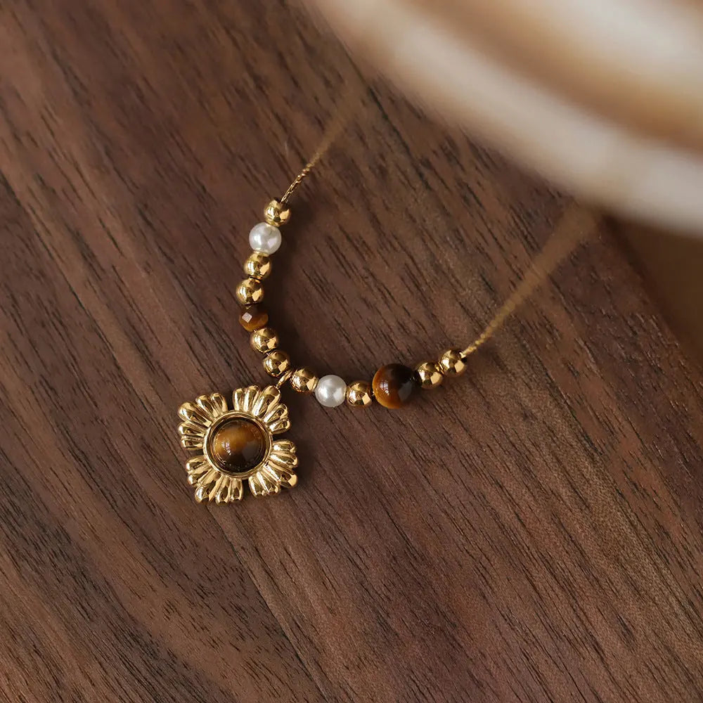 Caramel Tone Vintage Floral Tiger’s Eye Beaded Necklace in Gold-Plated Titanium Steel Crushes.