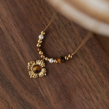 Caramel Tone Vintage Floral Tiger’s Eye Beaded Necklace in Gold-Plated Titanium Steel Crushes.