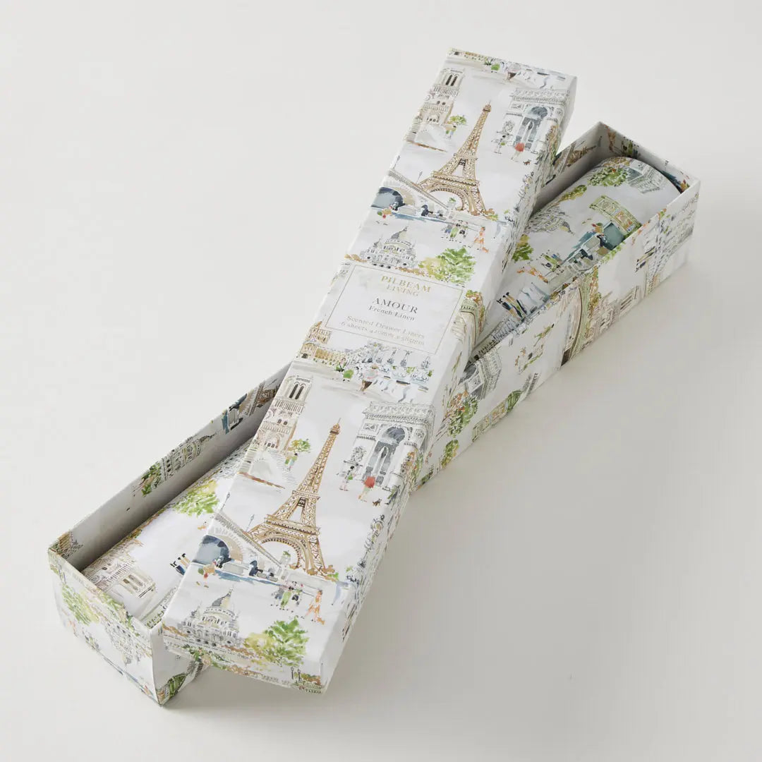 Scented drawer liners with Paris-themed design on a white background
