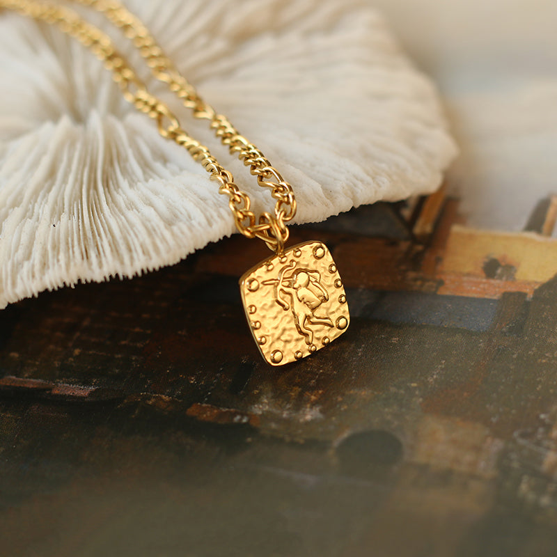 Gold-Plated Cupid Embossed Square Pendant Necklace