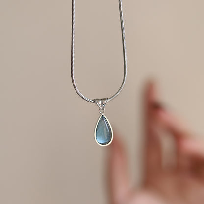 Gold-Plated Teardrop Pendant Necklace with Blue Synthetic Cat Eye Stone