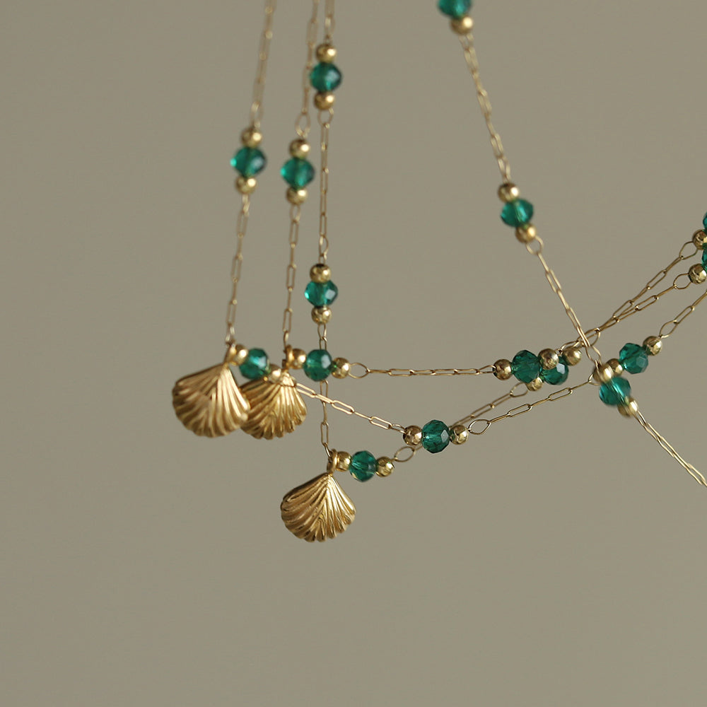 Delicate Gold-Plated Shell Pendant Necklace with Green Glass Beads