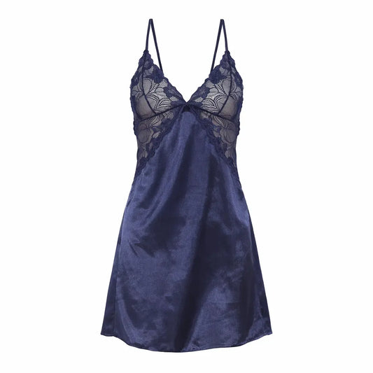Women’s Satin and Floral Lace Sleepwear Set Blue Nightgown with Matching Briefs Pantsnsox