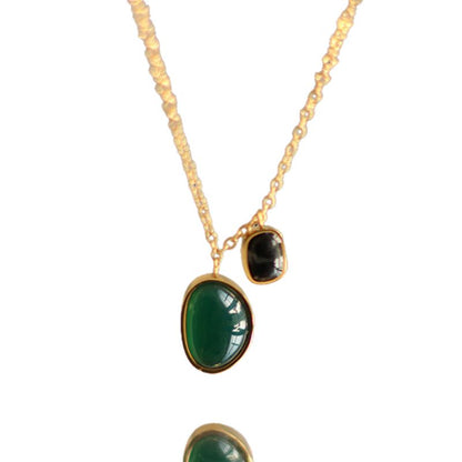 Gold-Plated Green Chalcedony and Black Onyx Jewelry Set