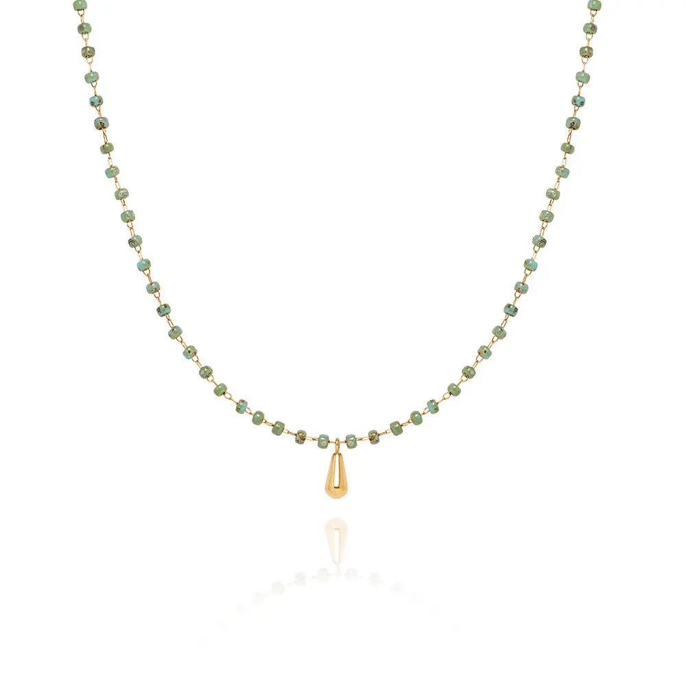 18ct Gold Plated Bar Necklace with Teardrop Glass Bead Pendant, Titanium Steel Chain Crushes.