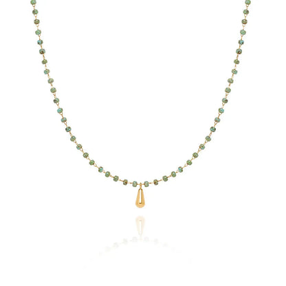 18ct Gold Plated Bar Necklace with Teardrop Glass Bead Pendant, Titanium Steel Chain Crushes.