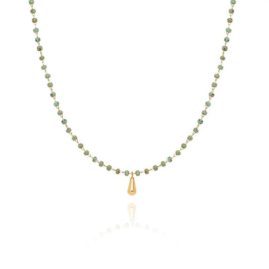 18ct Gold Plated Bar Necklace with Teardrop Glass Bead Pendant, Titanium Steel Chain Crushes.