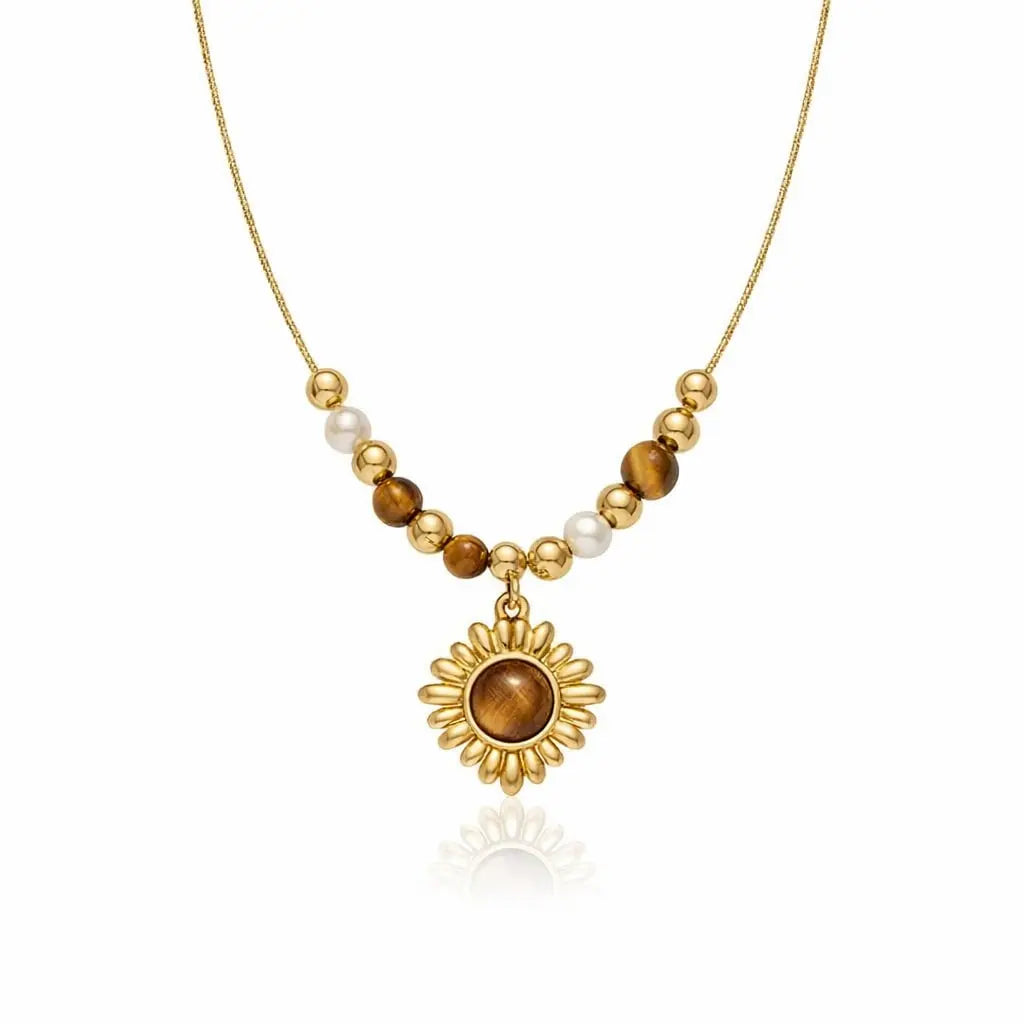 Caramel Tone Vintage Floral Tiger’s Eye Beaded Necklace in Gold-Plated Titanium Steel marketplace image