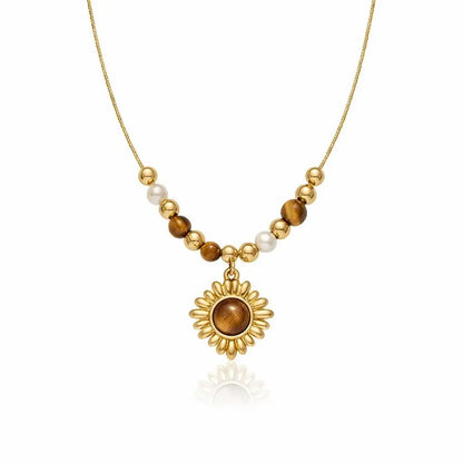 Caramel Tone Vintage Floral Tiger’s Eye Beaded Necklace in Gold-Plated Titanium Steel marketplace image