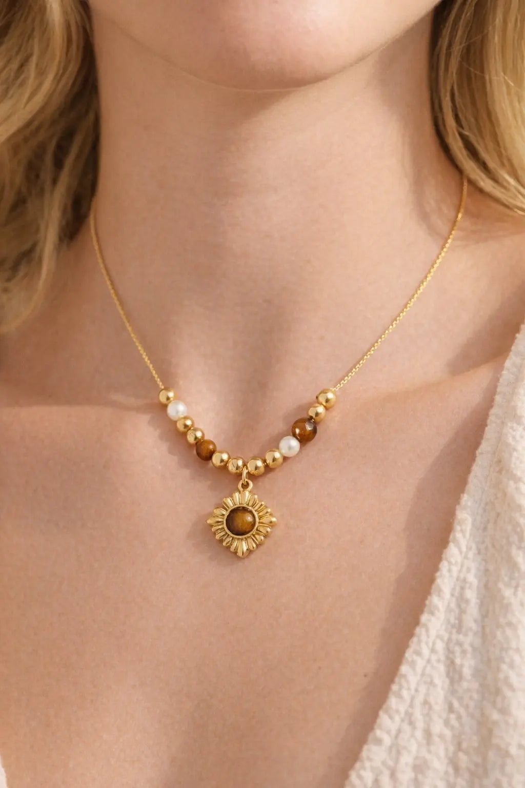 Caramel Tone Vintage Floral Tiger’s Eye Beaded Necklace in Gold-Plated Titanium Steel model image