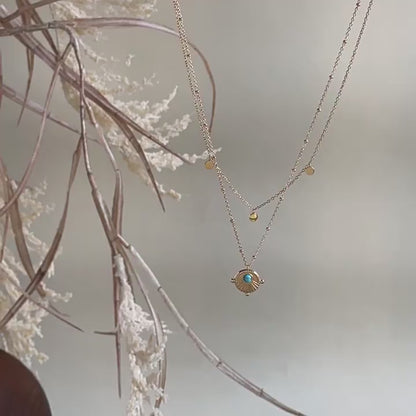 Bohemian Double Layer Necklace in 18K Gold Plated Titanium Steel with Artificial Turquoise Pendant
