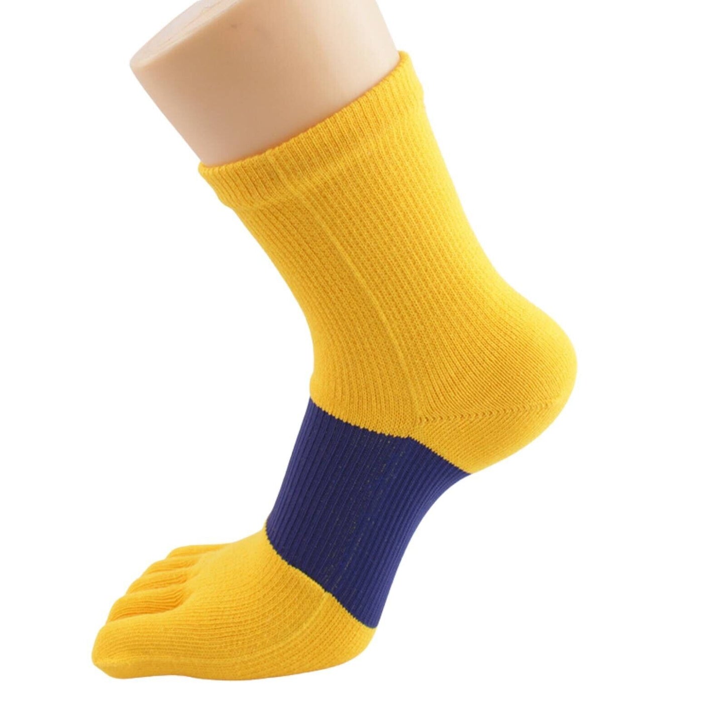 Mens 6 Pairs Yellow Navy Cotton Crew Athletic Running Sports Socks Five Finger Toe Socks