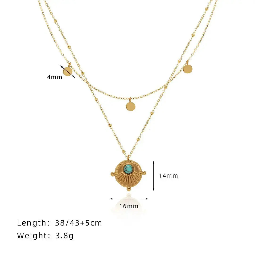 Bohemian Double Layer Necklace in 18K Gold Plated Titanium Steel with Artificial Turquoise Pendant Crushes.