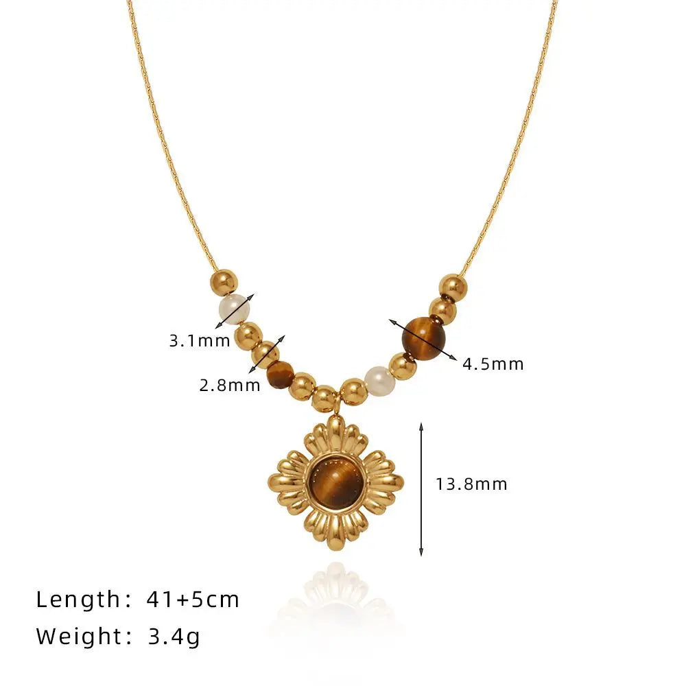 Caramel Tone Vintage Floral Tiger’s Eye Beaded Necklace in Gold-Plated Titanium Steel Crushes.