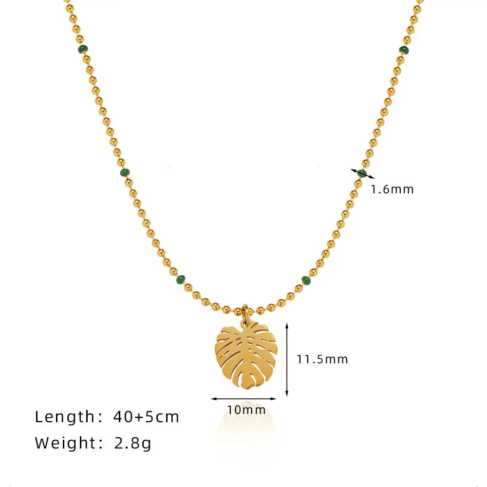 Tropical Botanical Leaf Beaded Necklace in Gold-Plated Titanium Steel Crushes.