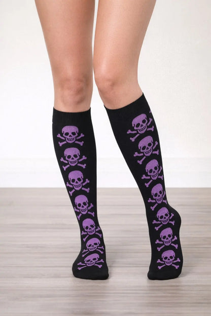 Skull Knee High Socks Purple model image