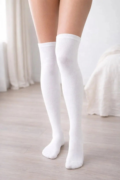 White Cotton Thigh High Socks Size 2-8 For Women model image