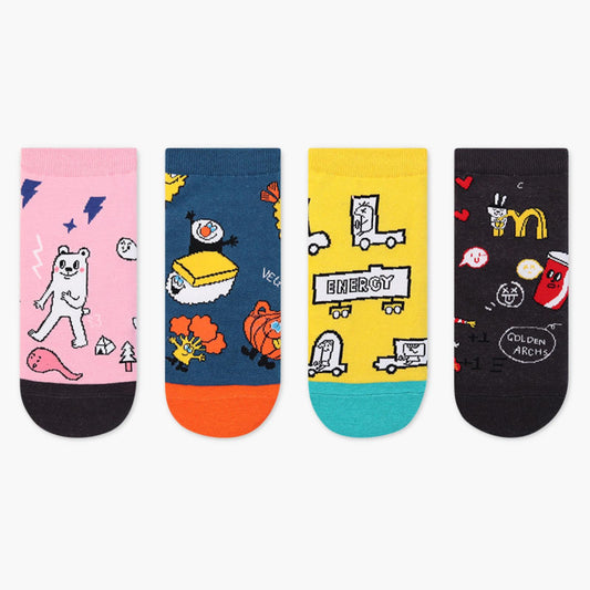 Women's Low Cut Food & Energy-Themed Novelty Socks – 4-Pack Fun & Quirky Designs