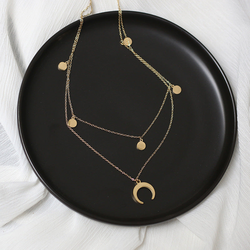 Moon and Stars Charm Pendant Double Chain Necklace 14K Gold Plated Layered Gift Pouch