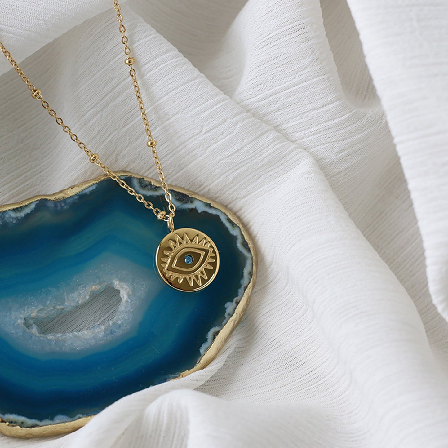 Protection Necklace, 18K Gold Plated Dainty Evil Eye Necklace With Blue Diamonte - Hypoallergenic & Water-Resistant