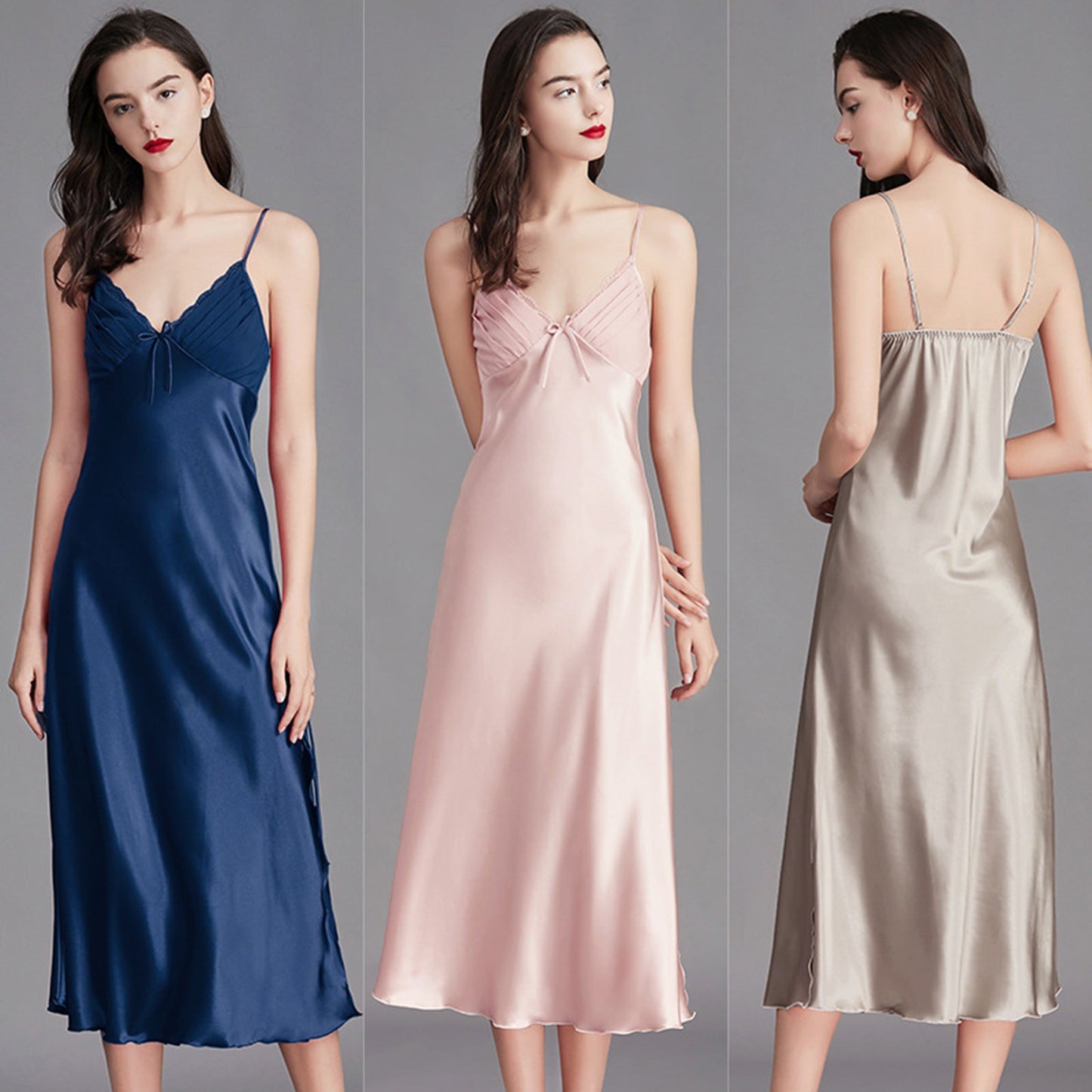 Women Satin Lingerie Long Sleepwear Dress