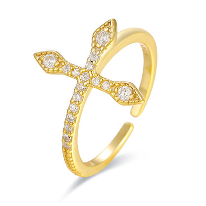 Sterling Silver S925 18K Gold Plated Ring Cross Crown Open Adjustable Ring - Pantsnsox
