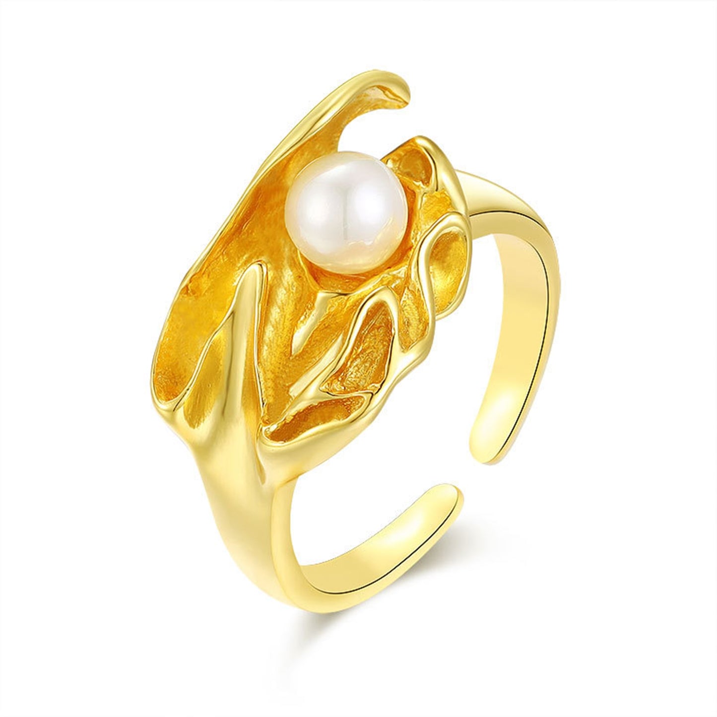 Modern Design Pearl Adjustable Open Ring Sterling Silver S925 18K Gold Plated - Pantsnsox