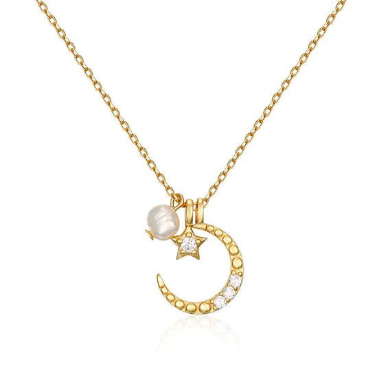 Celestial Elegance S925 Silver Star Moon Pendant Necklace Natural Baroque Pearl Crushes.